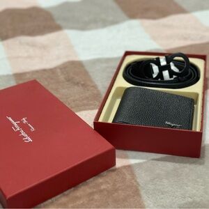 Salvatore Ferragamo Black Leather Belt and Wallet Set